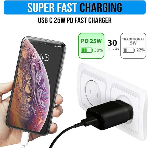 شاحن USB C فائق السرعة 25 وات لهاتف Samsung Galaxy S20/S20 5G/S20+/S21/S23 Ultra 5G/S23+/Z Flip 4/Z Fold 4/A8/A9/A10/A11، Note 20/10/10+ 5G/10 شاحن حائط بكابل Plus/Pixel 4XL/4/3XL PD PPS USB C إلى C in Saudi Arabia