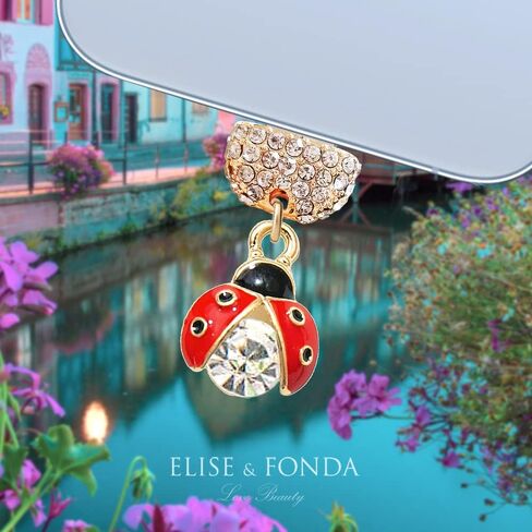 ELISE & FONDA CP512 USB Charging Port Crystal Anti Dust Plug 3D Tiny Ladybug Phone Charm for iPhone 13/12/11/ XS MAX/XR/X/8 Plus/7/6S/8/SE iPad iPod (Red) in Saudi Arabia