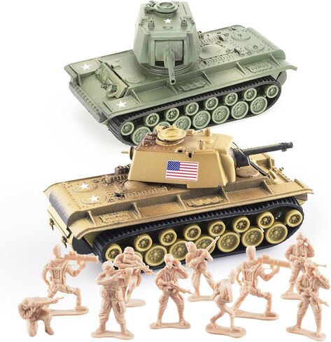 1:72 US Army Tank ＆ Army Men Toys Playset, includes 2pc US Tank-7 Models with 10pc Toy Soldiers, Desert Tan and Olive Drab Green, Perfect Military Toy for Boys in Saudi Arabia