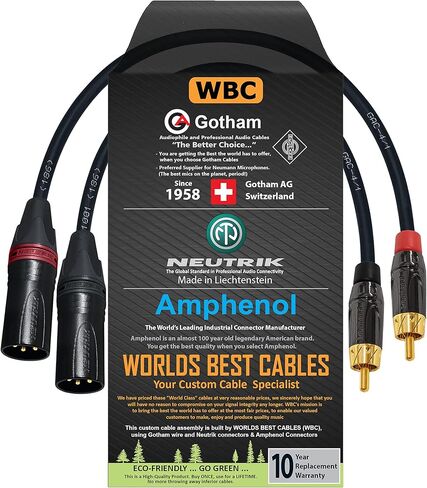 WORLDS BEST CABLES 0.5 Foot - RCA to XLR (Male) Cable Pair – Gotham GAC-4/1 (Black) Star-Quad Audio Interconnect Cable & Amphenol ACPL RCA & Neutrik Male XLR Gold Plugs - Custom Made in Saudi Arabia