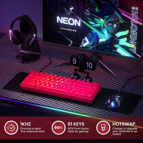 GK61 Mechanical Gaming Keyboard - 61 Keys Multi Color RGB Illuminated LED Backlit Wired Programmable for PC/Mac Gamer (Gateron Optical Silver, Red) in Saudi Arabia
