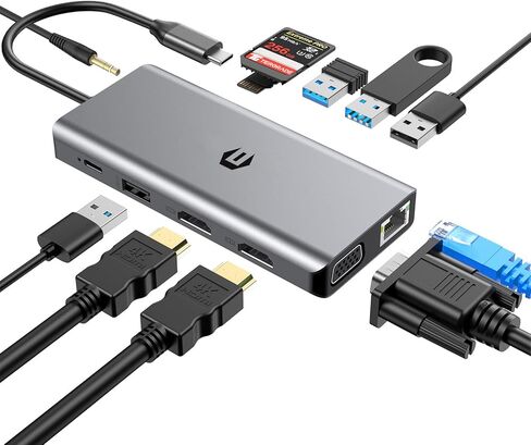 قاعدة توصيل Thunderbolt 3 12 في 1، محطة إرساء USB C، محول محور USB C، شاشات رباعية، HDMI مزدوج 4K، VGA، إيثرنت، USB 3.0، محطة إرساء كمبيوتر محمول 100 واط PD لجهاز USB C in Kuwait