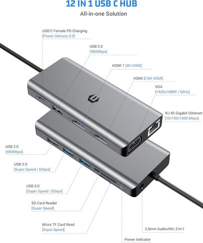 قاعدة توصيل Thunderbolt 3 12 في 1، محطة إرساء USB C، محول محور USB C، شاشات رباعية، HDMI مزدوج 4K، VGA، إيثرنت، USB 3.0، محطة إرساء كمبيوتر محمول 100 واط PD لجهاز USB C in Kuwait