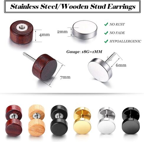 FIBO STEEL 6 Pairs Stud Earrings for Men Women Ear Piercing Ear Plugs Tunnel Fake Gauge Earrings 18G in Kuwait