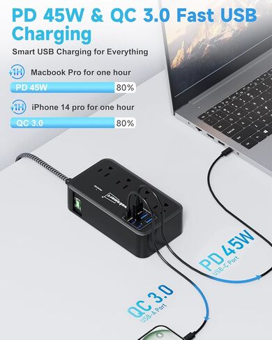 شواحن USB C بقدرة 45 وات لأجهزة متعددة، محطة شحن Waksmart مع حماية من زيادة التيار (2800J)، سلك مضفر بطول 5 أقدام، 8 منافذ تيار متردد، 6 منافذ USB لأجهزة MacBook، وأجهزة الكمبيوتر المحمولة، وiPad، وiPhone، وETL مدرجة in Kuwait