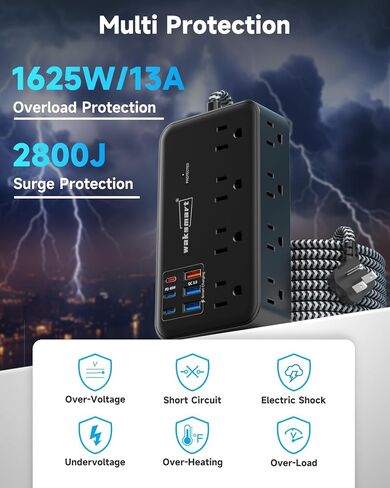 شواحن USB C بقدرة 45 وات لأجهزة متعددة، محطة شحن Waksmart مع حماية من زيادة التيار (2800J)، سلك مضفر بطول 5 أقدام، 8 منافذ تيار متردد، 6 منافذ USB لأجهزة MacBook، وأجهزة الكمبيوتر المحمولة، وiPad، وiPhone، وETL مدرجة in Kuwait