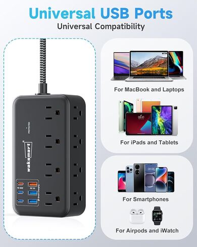شواحن USB C بقدرة 45 وات لأجهزة متعددة، محطة شحن Waksmart مع حماية من زيادة التيار (2800J)، سلك مضفر بطول 5 أقدام، 8 منافذ تيار متردد، 6 منافذ USB لأجهزة MacBook، وأجهزة الكمبيوتر المحمولة، وiPad، وiPhone، وETL مدرجة in Kuwait