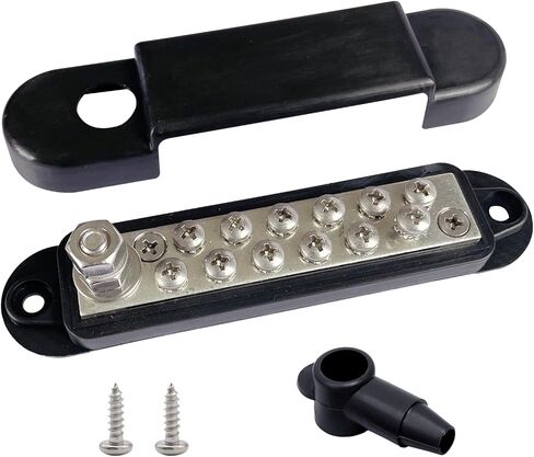 1/4" Stud Power Distribution Block Bus Bar with 12 x #8 Screws, Ampper 5.3" 12V 150A Marine BusBar Battery Distribution Block W/Cover for Car Audio Boat Solar (Black) in Kuwait