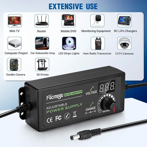 Facmogu AC إلى DC مصدر طاقة قابل للتعديل، 100-240 فولت تيار متردد إلى 3-12 فولت تيار مستمر 24 وات وحدة تحكم في سرعة محول الطاقة، تيار مستمر متغير 3 فولت 5 فولت 9 فولت 12 فولت محول تيار متردد/تيار مستمر عالمي، محول منظم لإمداد الطاقة بمروحة متعددة الجهد in Saudi Arabia