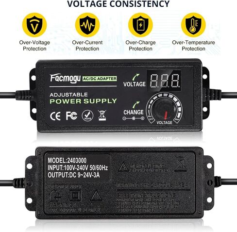 Facmogu AC إلى DC مصدر طاقة قابل للتعديل، 100-240 فولت تيار متردد إلى 3-12 فولت تيار مستمر 24 وات وحدة تحكم في سرعة محول الطاقة، تيار مستمر متغير 3 فولت 5 فولت 9 فولت 12 فولت محول تيار متردد/تيار مستمر عالمي، محول منظم لإمداد الطاقة بمروحة متعددة الجهد in Saudi Arabia