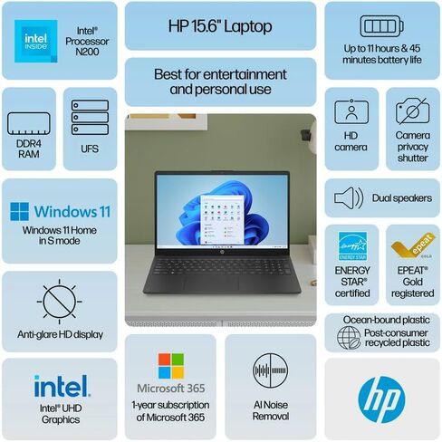 كمبيوتر محمول HP Newest Essential مقاس 15.6 بوصة، معالج Inter N200 رباعي النواة، كمبيوتر محمول Windows 11، ذاكرة الوصول العشوائي 32 جيجابايت، سعة تخزين 384 جيجابايت (128 جيجابايت SSD + بطاقة SD 256 جيجابايت)، لوحة مفاتيح رقمية، مصراع خصوصية الكاميرا، سماع in Saudi Arabia