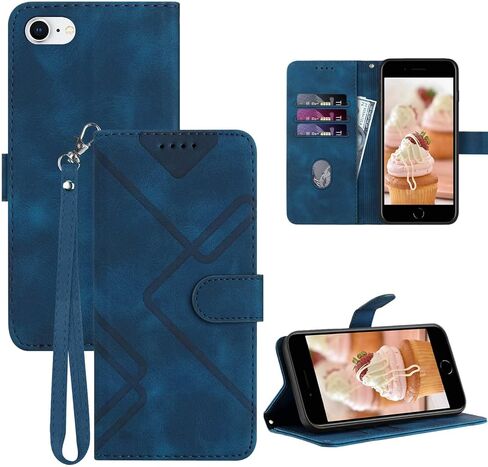 for iPhone SE 2022 Case/iPhone SE Case,iPhone 8/7 Case,6/6S Phone Case Wallet Card Holder,Leather Stand Flip Cases,Wrist Strap Magnetic Closure Protector,Shockproof Protective Cover (Blue) in Kuwait