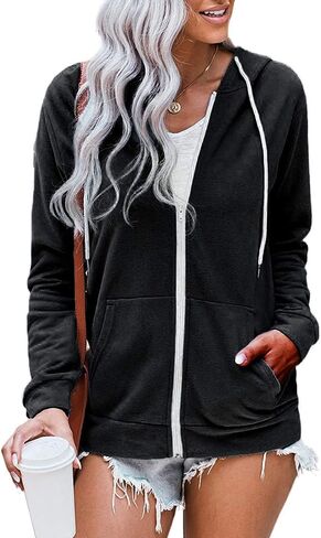 WROLEM Women Casual Full Zip Up Hoodie Comfy Loose Long Sleeve Sweatshirt Solid Color Jacket with Pockets in Kuwait