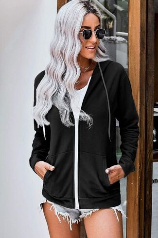WROLEM Women Casual Full Zip Up Hoodie Comfy Loose Long Sleeve Sweatshirt Solid Color Jacket with Pockets in Kuwait