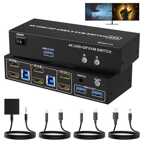 Dual Monitor HDMI + DisplayPort KVM Switch 2 Monitors 2 Computers with 3 USB 3.0 Ports, Support 4K@60Hz Copy Extended Splicing Display, Wired Extension Button & 2 USB Cables Included in Saudi Arabia
