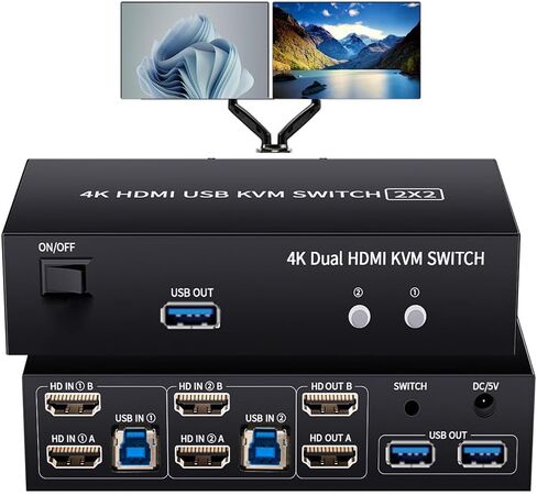 Dual Monitor HDMI + DisplayPort KVM Switch 2 Monitors 2 Computers with 3 USB 3.0 Ports, Support 4K@60Hz Copy Extended Splicing Display, Wired Extension Button & 2 USB Cables Included in Saudi Arabia