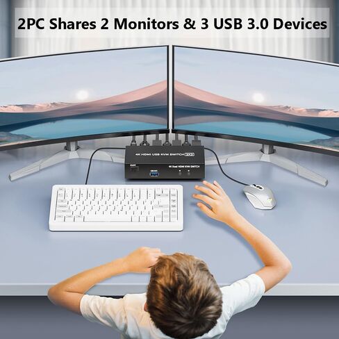 Dual Monitor HDMI + DisplayPort KVM Switch 2 Monitors 2 Computers with 3 USB 3.0 Ports, Support 4K@60Hz Copy Extended Splicing Display, Wired Extension Button & 2 USB Cables Included in Saudi Arabia