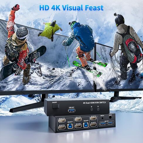 Dual Monitor HDMI + DisplayPort KVM Switch 2 Monitors 2 Computers with 3 USB 3.0 Ports, Support 4K@60Hz Copy Extended Splicing Display, Wired Extension Button & 2 USB Cables Included in Saudi Arabia