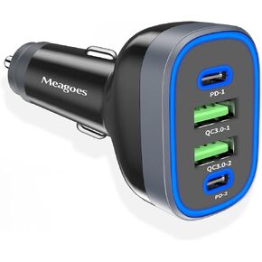 USB C Car Charger, Meagoes 72W 4 Ports Super Fast Automobile Charger Compatible for iPhone 14 Pro/Max/13/12/11/iPad Air, Samsung Galaxy S23 Plus/Ultra/S22/S21 Type C Cigarette Lighter USB Charger