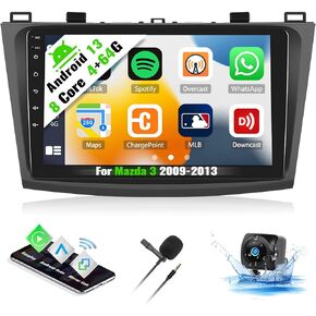 【8 Core 4G+64G】 Android 13 Car Stereo for Mazda 3 2009-2013,Wireless Carplay&Android Auto, 9" IPS Touchscreen with GPS Navigation, Bluetooth 5.0 DSP FM RDS 32EQ 59UI WiFi SWC+Backup Cam&Mic