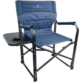 XL Directors Chair with Foldable Side Table, Heavy Duty Camp Chair supports 400 Lbs, Oversize Outdoor Folding Seat with High Back and Padded Armrests for Lawn, Beach, Tailgating, Sports (Blue Plaid)