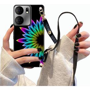 Flexible TPU Case for BLU View 5 B160V, Tracfone BLU View5 B160V Case with Wrist Strap Crossbody Lanyard Hands Free | Floral Pattern Blue Navy Stripes Flower Painting Soft Slim BLUView 5 Cover