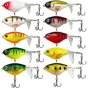 10Pcs Top Water Fishing Lures with Floating Rotating Tail Whopper Fishing Lure for Bass Barb Treble Hooks in Saltwater Freshwater Plopping Lures Kit