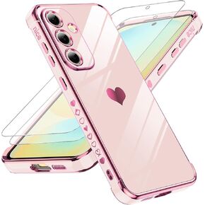حافظة LeYi لهاتف Samsung Galaxy S24-FE: مع واقي شاشة من الزجاج المقوى قطعتين، حماية كاملة لعدسة الكاميرا، حافظة على شكل قلب محب للنساء البناتي الفاخرة الناعمة من مادة TPU المقاومة للصدمات Funda para S24FE 5G، وردي