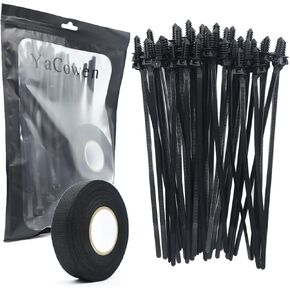 Push Mount Cable Zip Ties and Wire Harness Tape Kit for Automotive Engine Bay Wire Harness Restraint and Electrical Wiring (50 Zip Ties,1 Tape)