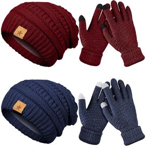 4 Pieces Winter Glove and Hat Set Women Winter Hat Touchscreen Gloves Warm Knitted Beanie Hats and Gloves for Women