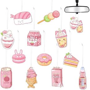 12Pcs Car Air Freshener Kawaii Japanese Snacks Pink Incense Chips Scented Ornament, Car Rearview Mirror Pendant 12 Styles and 6 Different Scents Ornament Vent Decoration Aromatic for Party Supplies