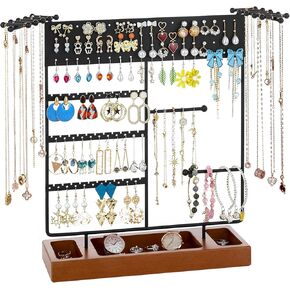 X-cosrack Earring Holder, Ear Stud Organizer with Wooden Tray,Earring Display Stand with 360° Rotating Necklace Holder,Jewelry Organizer Stand for Earrings Bracelets Watches and Rings,Black