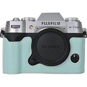 X-T50 Case, BMAOLLONGB Handmade PU Frosting Leather Half Camera Case Bag Cover Bottom Opening Version for Fujifilm X-T50 XT50 with Hand Strap (Brown)