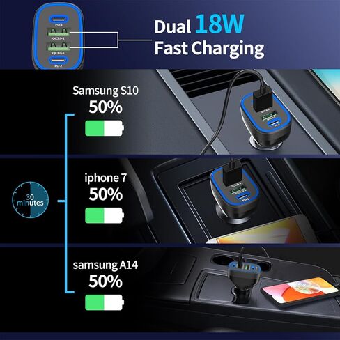 USB C Car Charger, Meagoes 72W 4 Ports Super Fast Automobile Charger Compatible for iPhone 14 Pro/Max/13/12/11/iPad Air, Samsung Galaxy S23 Plus/Ultra/S22/S21 Type C Cigarette Lighter USB Charger in Kuwait