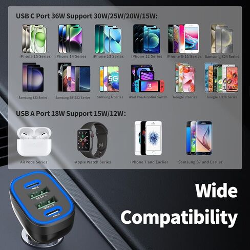 USB C Car Charger, Meagoes 72W 4 Ports Super Fast Automobile Charger Compatible for iPhone 14 Pro/Max/13/12/11/iPad Air, Samsung Galaxy S23 Plus/Ultra/S22/S21 Type C Cigarette Lighter USB Charger in Kuwait