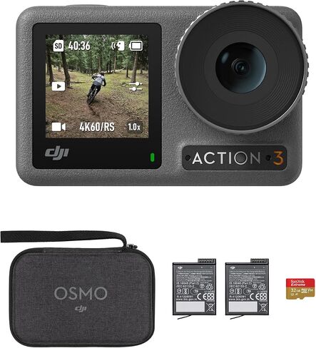 مجموعة DJI Osmo Action 3 الخارجية، كاميرا أكشن بدقة 4K/120 إطارًا في الثانية مع حزام للصدر وحقيبة الظهر للتنزه سيرًا على الأقدام وركوب الدراجات، مجال رؤية واسع للغاية، HorizonSteady، مقاومة للبرد وما يصل إلى 320 دقيقة مع بطاريتين in Kuwait