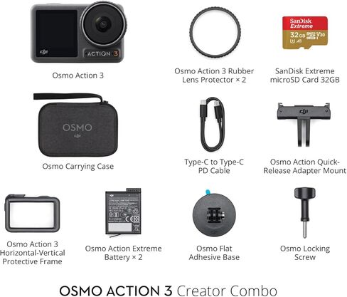 مجموعة DJI Osmo Action 3 الخارجية، كاميرا أكشن بدقة 4K/120 إطارًا في الثانية مع حزام للصدر وحقيبة الظهر للتنزه سيرًا على الأقدام وركوب الدراجات، مجال رؤية واسع للغاية، HorizonSteady، مقاومة للبرد وما يصل إلى 320 دقيقة مع بطاريتين in Kuwait