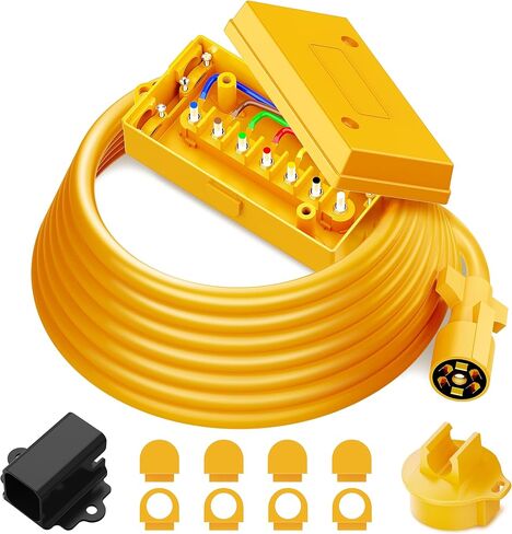MICTUNING Heavy Duty 7 Way Plug Inline Trailer Cord with 7 Gang Junction Box, 12V Breakaway Switch and Plug Holder for RV Trailers - 8 Feet, Black in Kuwait