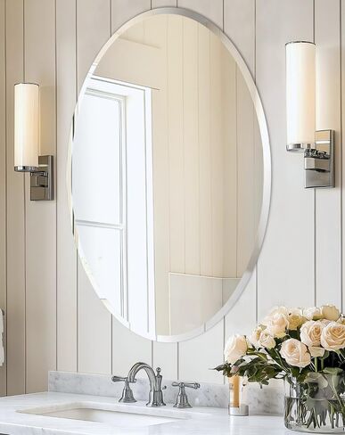 Frameless Oblong Wall Mirror: Decorative Oval Mirrored Glass Vanity with Beveled Silver Edge for Bathroom Bedroom Livingroom Dining Room Entryway Hallway, 40 x 20 inch in Kuwait