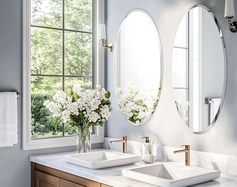 Frameless Oblong Wall Mirror: Decorative Oval Mirrored Glass Vanity with Beveled Silver Edge for Bathroom Bedroom Livingroom Dining Room Entryway Hallway, 40 x 20 inch in Kuwait