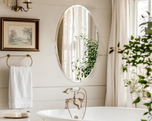 Frameless Oblong Wall Mirror: Decorative Oval Mirrored Glass Vanity with Beveled Silver Edge for Bathroom Bedroom Livingroom Dining Room Entryway Hallway, 40 x 20 inch in Kuwait