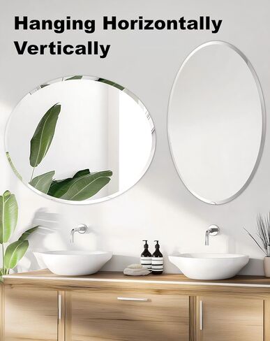 Frameless Oblong Wall Mirror: Decorative Oval Mirrored Glass Vanity with Beveled Silver Edge for Bathroom Bedroom Livingroom Dining Room Entryway Hallway, 40 x 20 inch in Kuwait