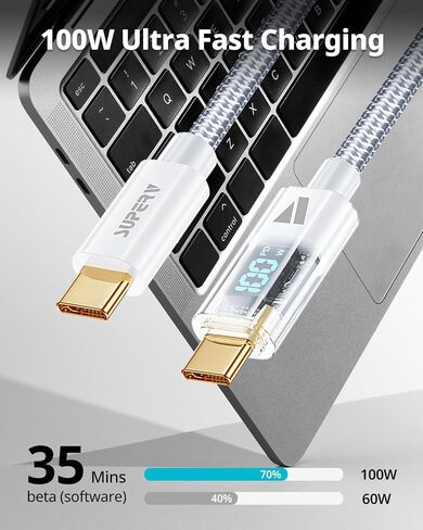 كابل شحن مزامنة مجدول نايلون LED ذكي من SUPERV من USB C إلى USB C بيانات 3.3 قدم/100 سم أبيض in Kuwait