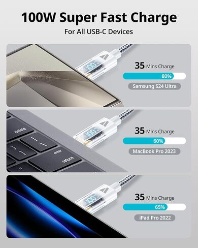 كابل شحن مزامنة مجدول نايلون LED ذكي من SUPERV من USB C إلى USB C بيانات 3.3 قدم/100 سم أبيض in Kuwait