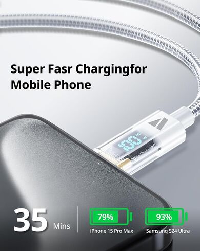 كابل شحن مزامنة مجدول نايلون LED ذكي من SUPERV من USB C إلى USB C بيانات 3.3 قدم/100 سم أبيض in Kuwait