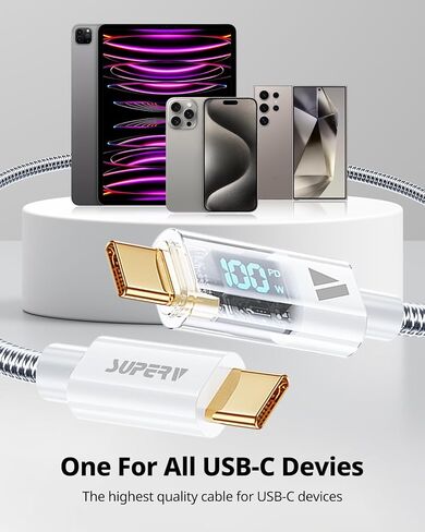 كابل شحن مزامنة مجدول نايلون LED ذكي من SUPERV من USB C إلى USB C بيانات 3.3 قدم/100 سم أبيض in Kuwait