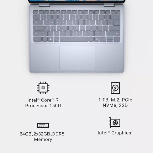 كمبيوتر محمول Dell Inspiron 14 7440 2 في 1، شاشة لمس FHD مقاس 14 بوصة، Core 7 150U، ذاكرة الوصول العشوائي DDR5 سعة 16 جيجابايت، SSD 1 تيرابايت، ترخيص Microsoft Office مدى الحياة ونظام التشغيل Windows 11 Pro، إضاءة خلفية، كاميرا ويب FHD، قارئ بصمات الأصابع in Saudi Arabia