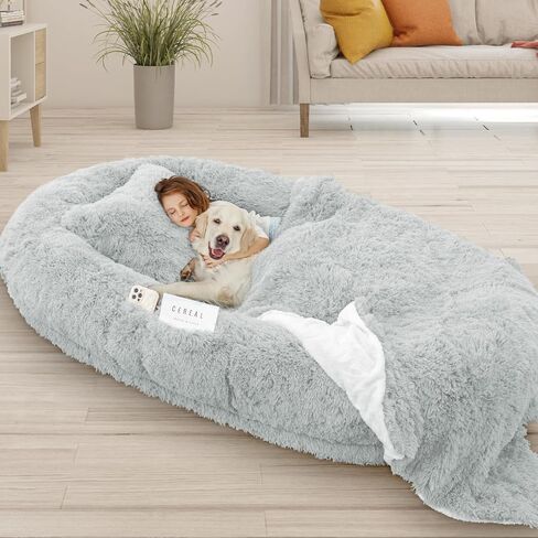 Human Dog Bed, 71''x45''x12'' Size Fits People and Pet 10 CM Thick Memory Foam Washable Adult Large Bed Giant Oversize Foldable Dog Bed with Plump Pillow, Blanket, Strap - Grey in Saudi Arabia