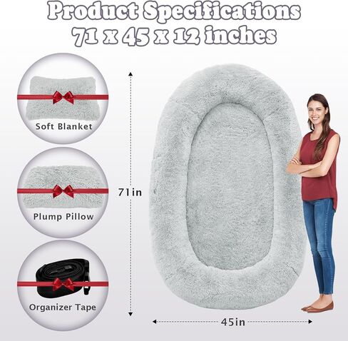 Human Dog Bed, 71''x45''x12'' Size Fits People and Pet 10 CM Thick Memory Foam Washable Adult Large Bed Giant Oversize Foldable Dog Bed with Plump Pillow, Blanket, Strap - Grey in Saudi Arabia