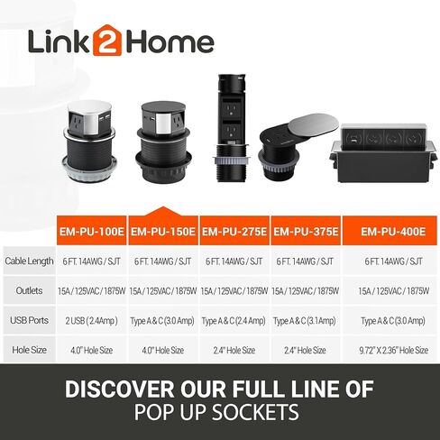 Link2Home 2 Pack Space Saver Grommet Socket 1-Power-Outlet USB A/C Port 3.1 Amp Splash Resistant in Stainless-Steel, Overload Protection in Kuwait